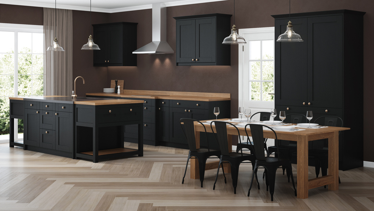 Modern house interior. Interior with black kitchen. 3D rendering.