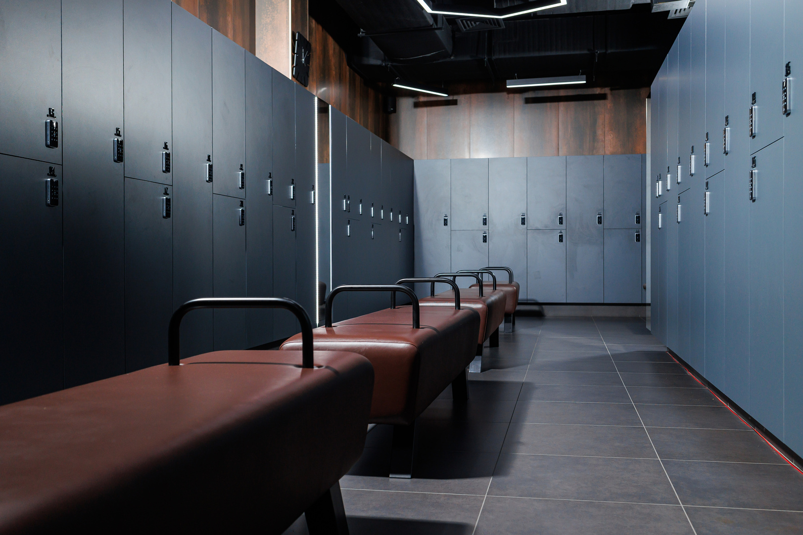 A modern dressing room for people to change before training. Dressing room in the gym